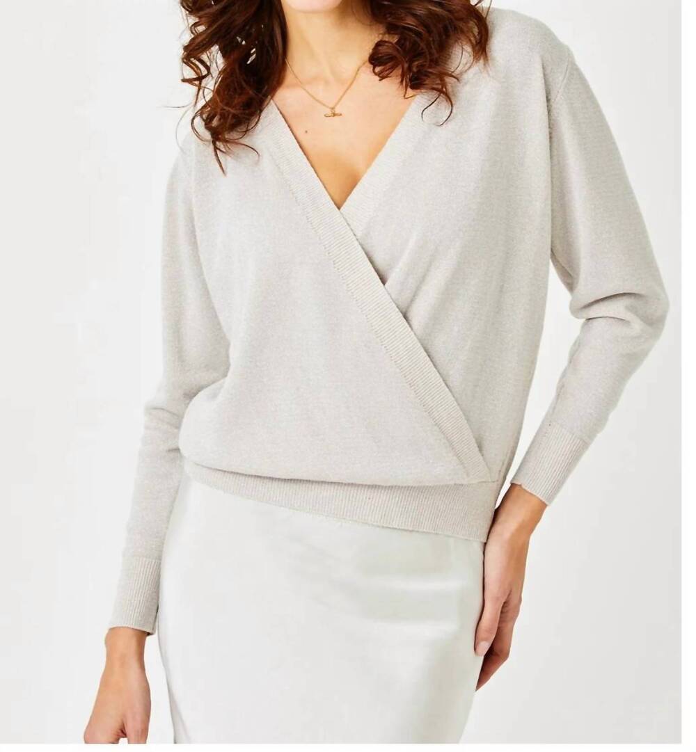 NEW SUZY D lavinia crossover knit sweater in beige silver lurex
